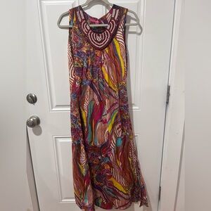 Beaded-Neckline Multicolor Maxi Dress